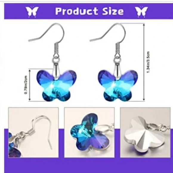 Pink Butterfly Earrings Dangle Crystal Cut Earrings Butterflies Silver Sparkle - Picture 5 of 7